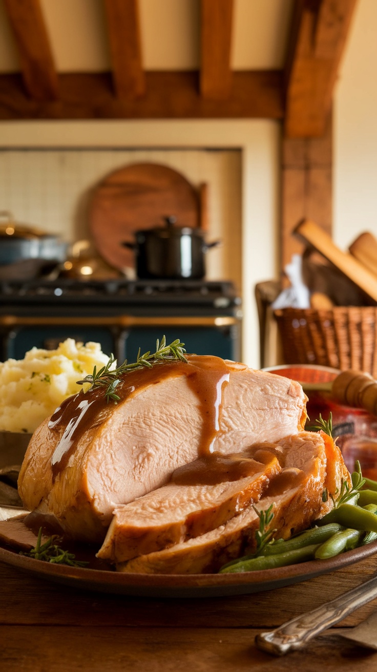 Juicy slow cooker turkey breast with gravy served on a rustic plate with mashed potatoes and green beans.